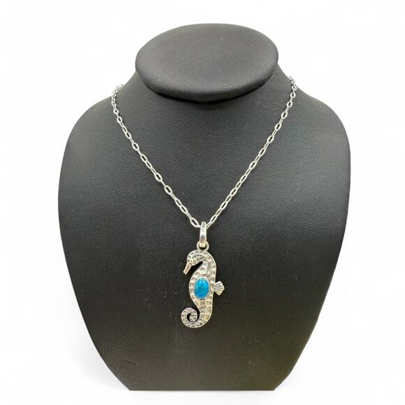 Natural Blue Chilean Opal Seahorse Pendant Necklace 925 Sterling Silver Handmade - Picture 2 of 7